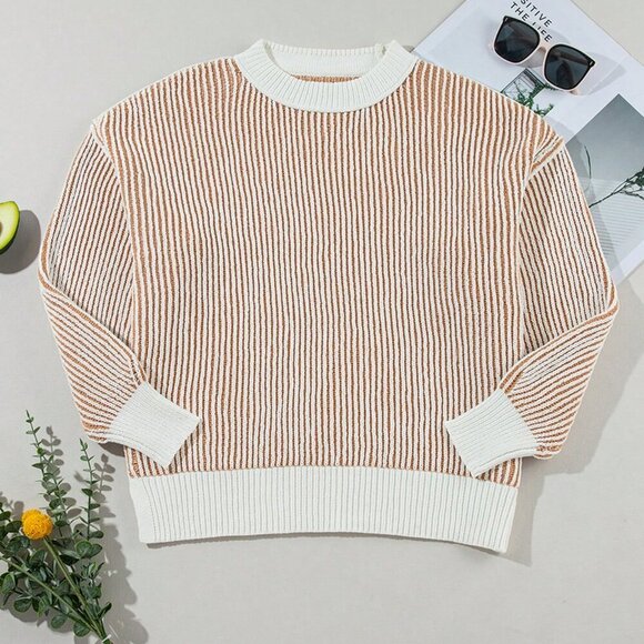Casual Women's Striped Colorblock Loose Fit Round Neck Pullover Sweater top - Picture 6 of 8